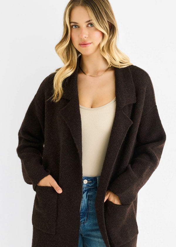 Gini London Chocolate Wool Mix Longline Edge to Edge Cardigan