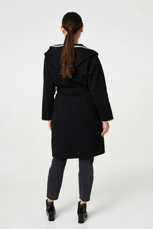 Black | Blanket Stitch Tie Waist Longline Coat