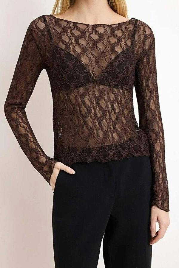WOVCOR Fitted Boat Neck Long Sleeve Lace Knit Blouse