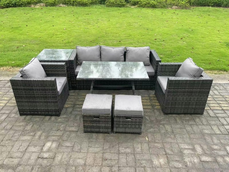 Fimous 7 Seater Rattan Outdoor Furniture Garden Dining Set with Lounge Sofa Dining Table 2 Armchairs Small Stools Dark Grey Mixed