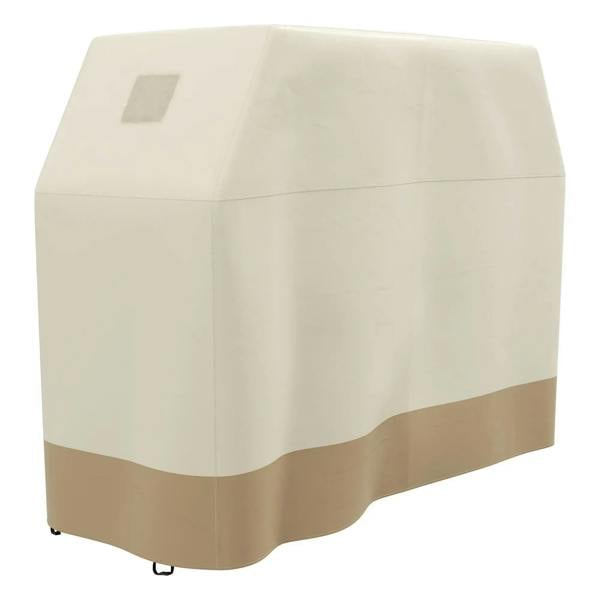 Beige PU-coated grill cover with fitted corners and angled front panel