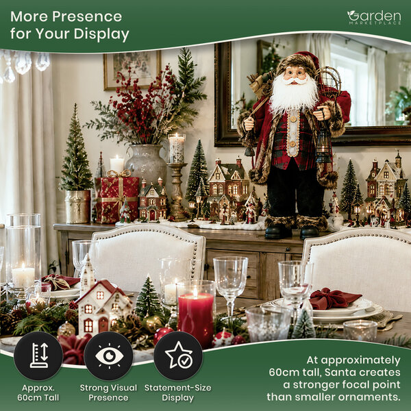 60cm Rustic Father Christmas Figure with Sack of Presents, Snow Shoes and Lantern, Free-Standing Indoor Santa Decoration with Fabric Clothing