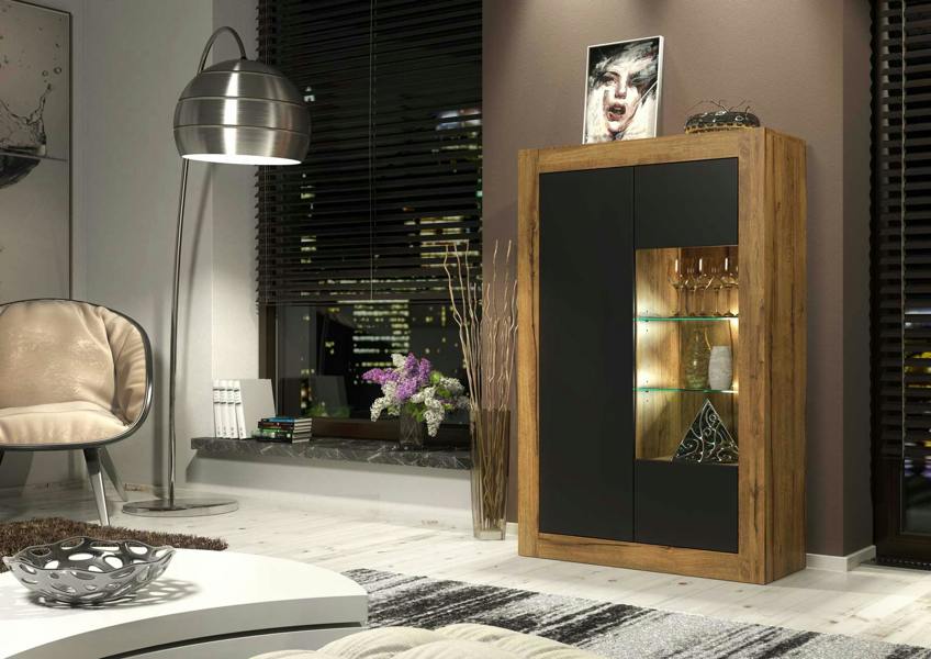 Mex Furniture Sideboard Cabinet Storage Display LED Lights Unit Oak Black Matt Cupboard Modern 140