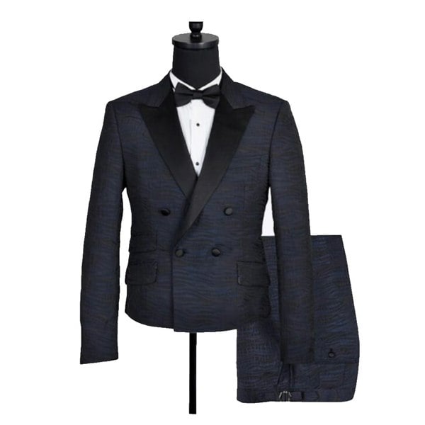 David WeJ Alfredo Cropped Double Breasted Jacquard Wave Print Tuxedo - Navy Blue