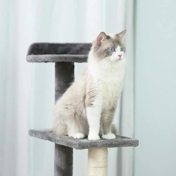 Grey cat tree tower with round platform perch and vertical sisal post