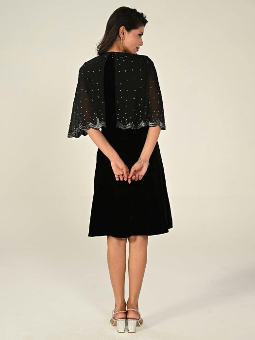 Rose & Nancy Heidi Black Velvet Hand Embroidered Cape Mini Dress