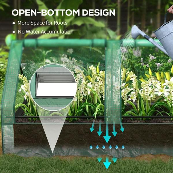 Raised garden bed greenhouse with transparent panels and open-bottom design for airflow