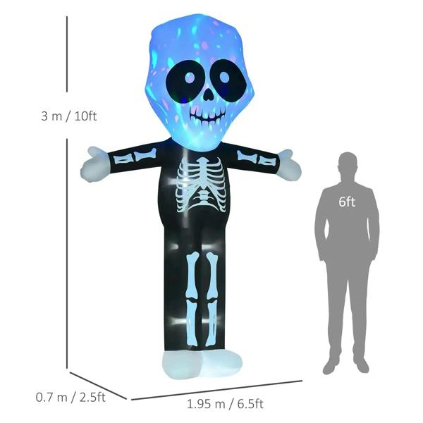 Inflatable LED skeleton decoration with blue-glowing skull and black body, full figure view.