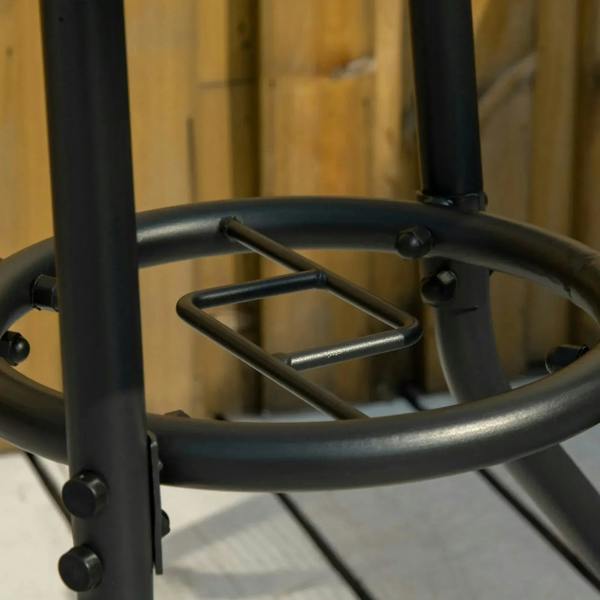 Underside view of black bistro table frame with support bars under the glass top