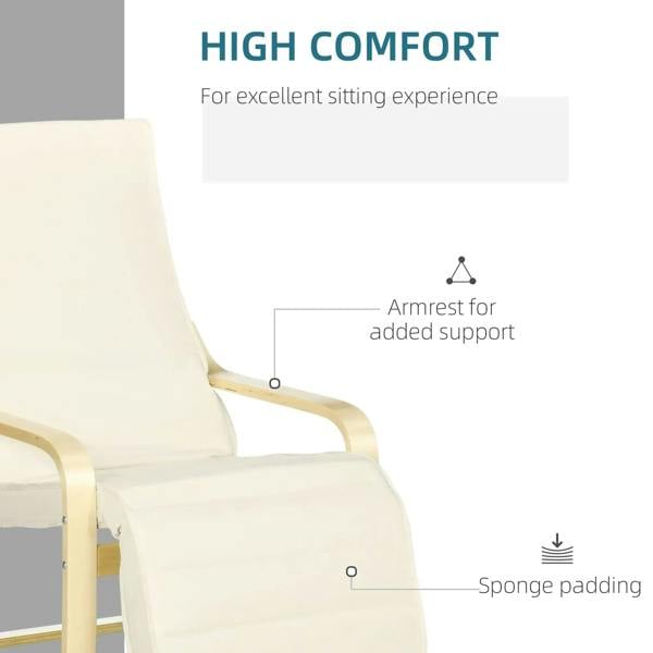 Cream padded lounge chair with armrests and light wood frame, side view