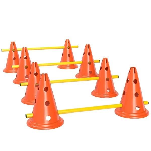 Orange dog agility jump obstacle set with cones and yellow poles