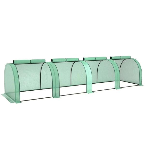 Green low tunnel greenhouse with arched clear plastic cover and end panels