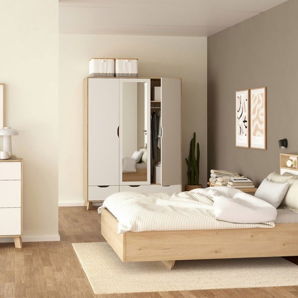 Furniture To Go Ikast Wardrobe 3 Doors and 2 Drawers with Mirror in Jackson Hickory and White