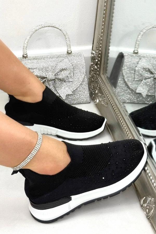 Sparkle Contrast Motion Stretch Sock Slip On Trainers Black finished with stretch sock slip on design for easy, fuss-free wear