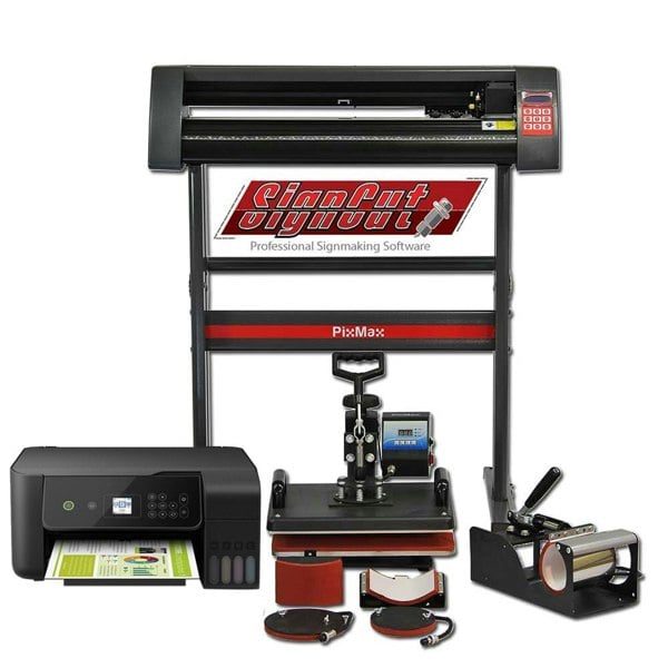 PixMax Da Vinci Bundle includes a heat press, vinyl cutter, and CIS printer, featuring sleek black and red designs for professional signmaking