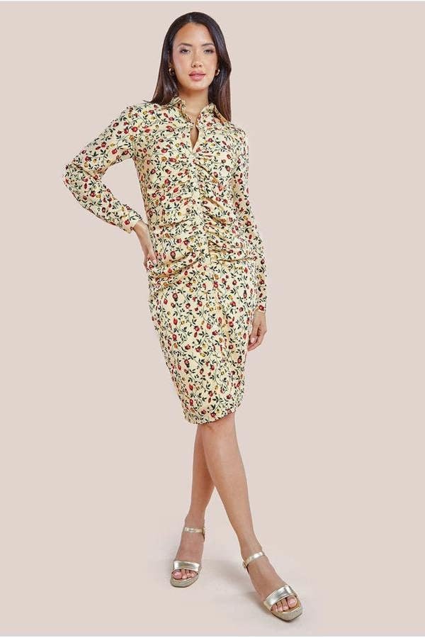 Floral Print Shirt Dress - Beige DR3499