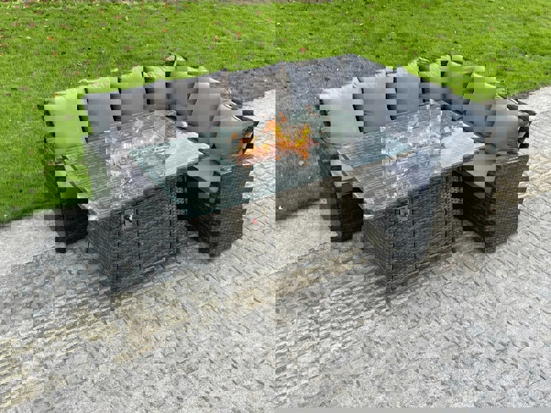 Fimous High Back Outdoor Rattan Corner Sofa Set Garden Furniture Set Gas Fire Pit Dining Table Gas Heater 6 Seater