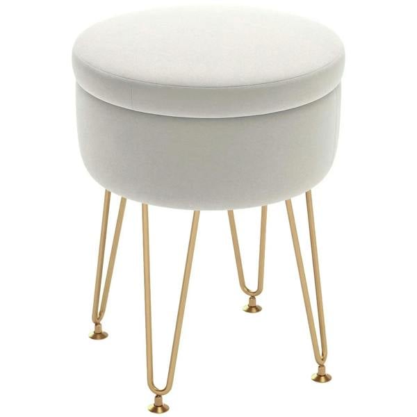 Cream round velvet-feel storage ottoman with cushioned top and gold-tone tapered legs