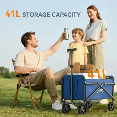 Bobobiy 41L Festival Trolley on Wheels, 60kg Heavy Duty Collapsible Foldable Wagon with Adjustable Handle and Carrying Bag for Beach, Blue