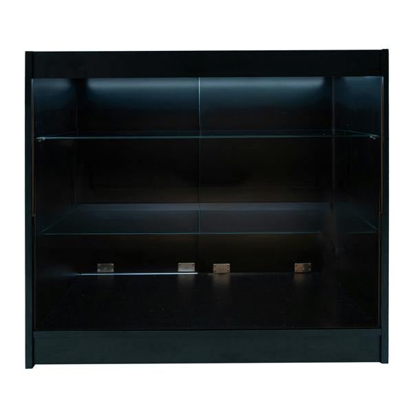 Astro LED Shop Counter Set in black, featuring sleek glass shelves, modern design, and integrated LED lighting for enhanced display
