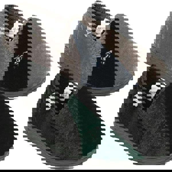 Dunlop Duncan Mens Velour Twin Gusset Full Backed Slippers, two pairs of men's velour slippers with twin gusset and full backing, one in brown and navy color and the other in black and green, featuring embroidered logos and comfortable slip-on design.