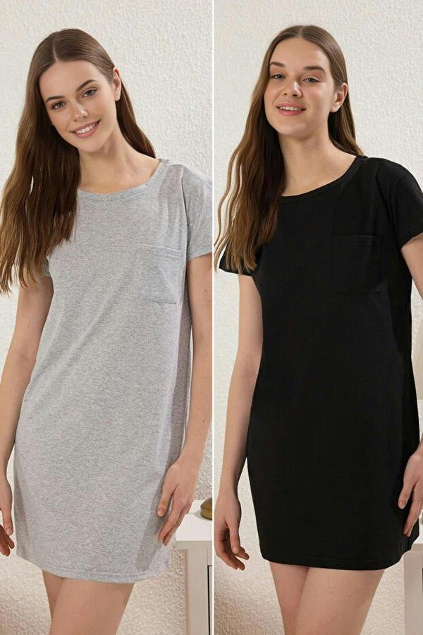 WOVCOR 2-Pack 100% Cotton Knitted Nightdress with Pocket Detail