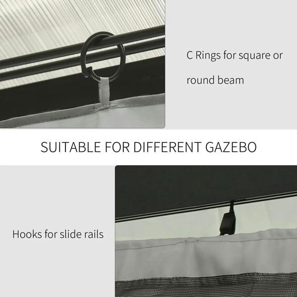 Black C rings and hook tabs for attaching light grey gazebo wall to frame slide rails