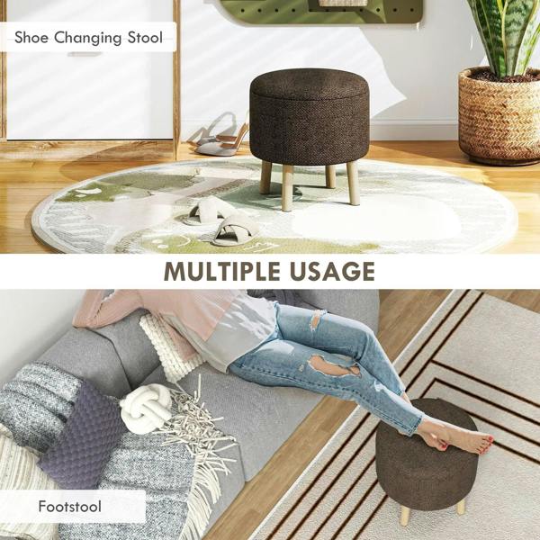 Brown round ottoman stool with wooden legs, styled as a footstool