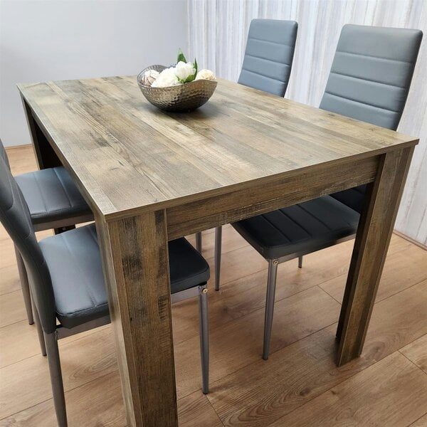 Kosy Koala Dining Table and 4 Chairs Rustic Effect Wood Table 4 Grey Leather Chairs Dining Room