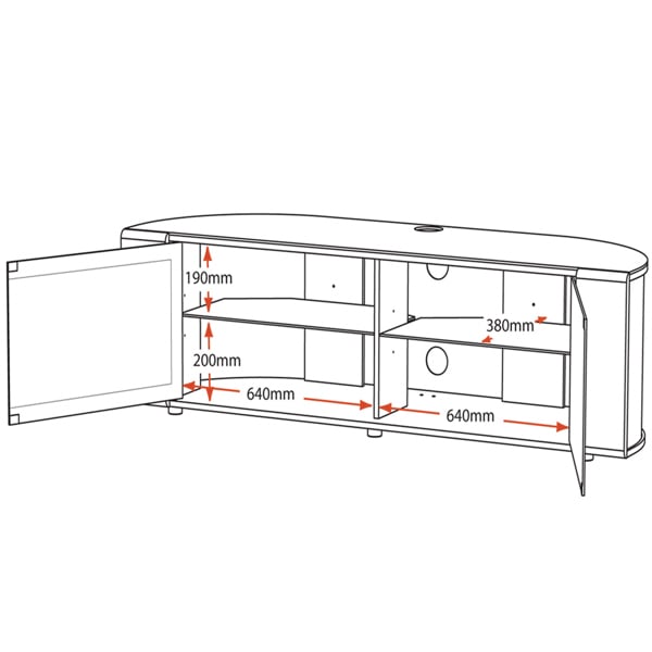 MDA Designs Sirius 1600 TV Cabinet Gloss Black Stand with BEAMTHRU Remote-Friendly Glass Door, Walnut/Oak Trims for TVs up to 70” TV