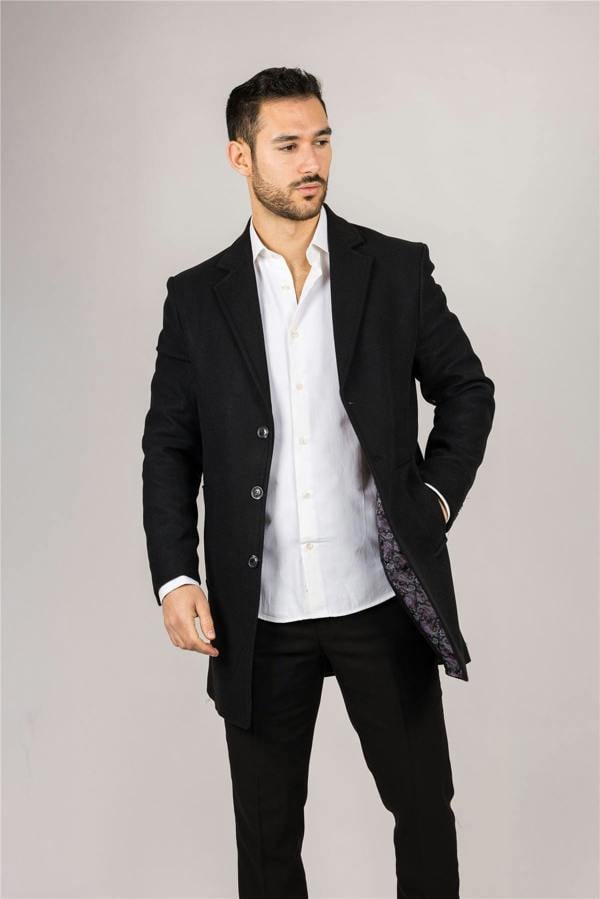 Infinity Leather Men's Notched Lapel Collar Wool Blend Black Overcoat