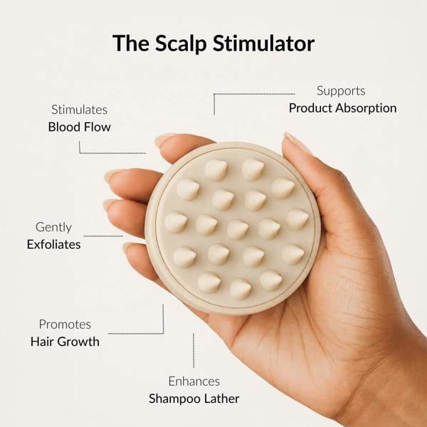 Hand holding a scalp stimulator with text highlighting its benefits on a white background. Rosemary hair oil, scalp massager, soothe, essential, hair growth, stimulate, health, haircare, UK