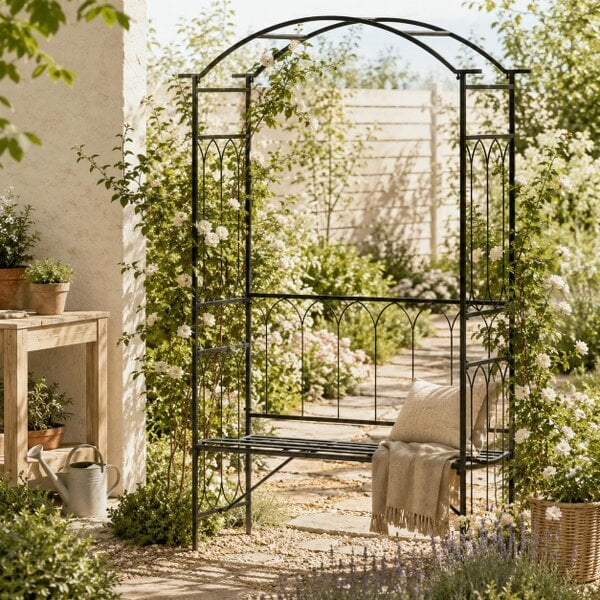 Wyld Haus Moretta Metal Black Garden Bench With Arched Trellis Frame For Climbing Plants 115 x 50 x 203 cm