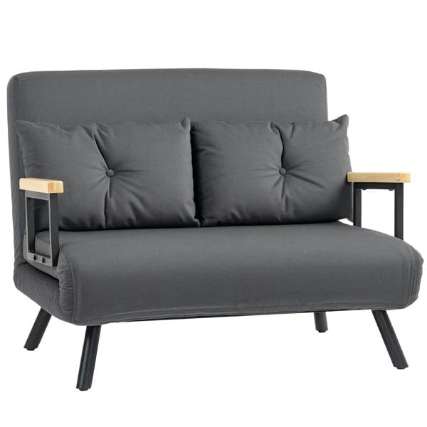 Dark grey sofa bed with velvet-feel look, two back cushions, two matching pillows