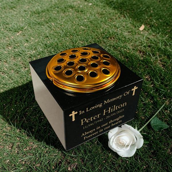 Memorials Direct Granite Memorial Vase with Cross Design, Free Personalised Gold Engraving, Solid Granite 6 x 6 x 4 Inches