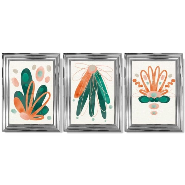 Abstract Green Orange Floral Set of 3 Framed Art Prints with Glossy Chrome Frames