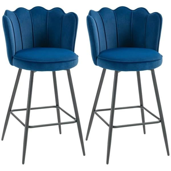Set of two velvet-feel bar stools in dark blue with tufted backs and gray metal legs