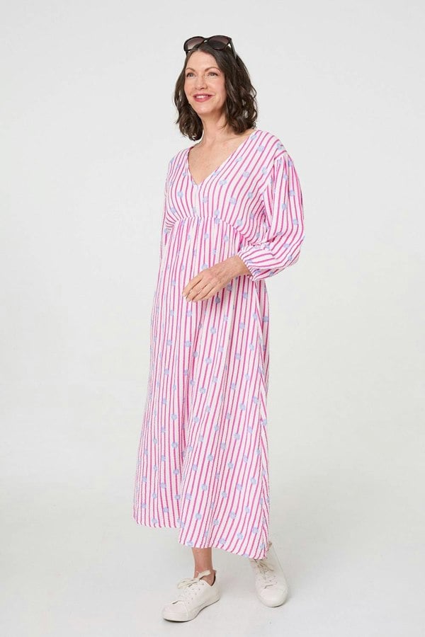 Pink | Striped Long Sleeve Empire Maxi Dress
