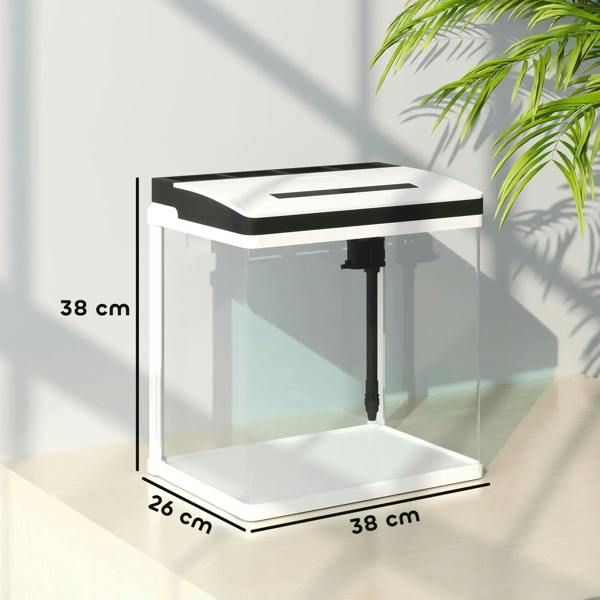 White LED glass aquarium tank with footprint and height measurements