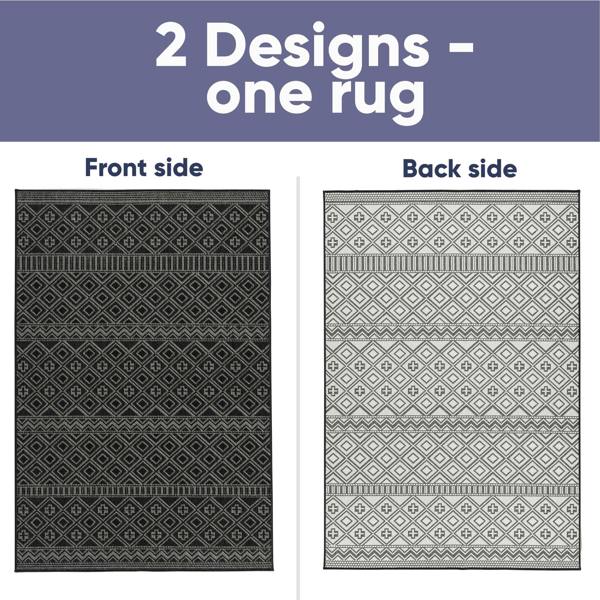 Indoor Outdoor Reversible Rug Black and White Cream Aztec Geometric Pattern Large Patio Garden Mats