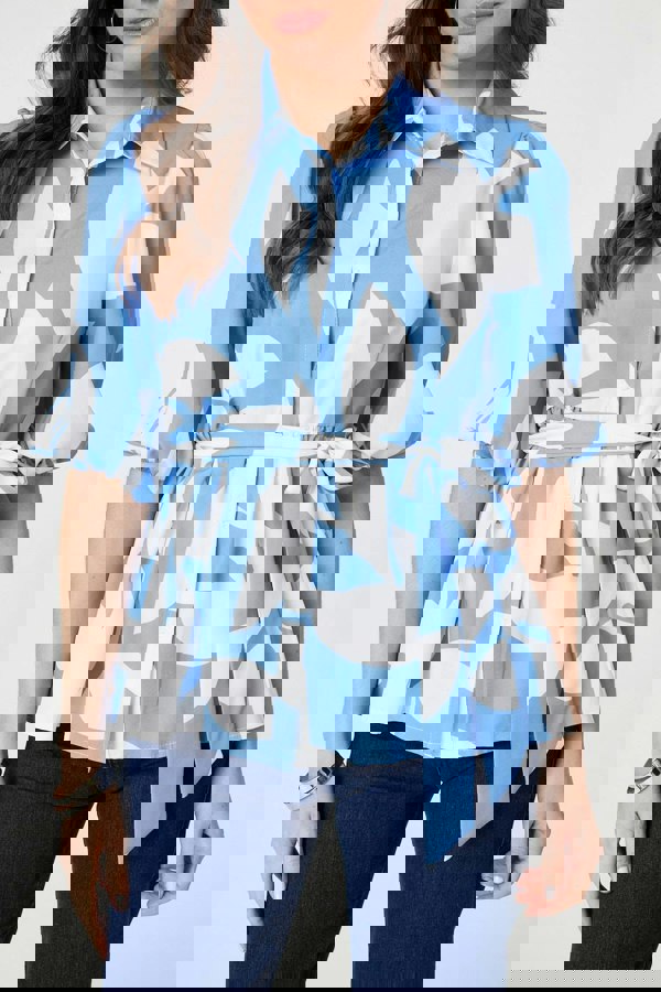 Blue | Abstract Puff Sleeve Tie Waist Blouse
