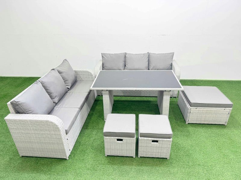 Fimous 9 Seater Rattan Outdoor Dining Table 3 Seater Sofa Set with 3 Stools Light Grey