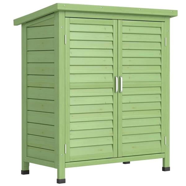 Green wooden garden storage shed with two hinged doors and vertical paneling