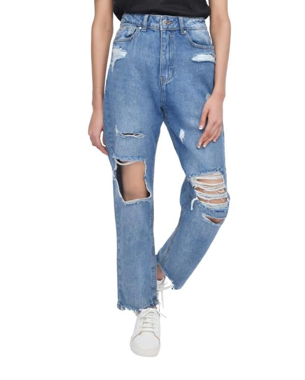 Smart Living Women's Casual Style High-Waist Torn Hem Rip Mom Jeans - Mid Wash