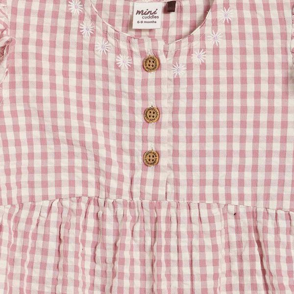 Mini Cuddles Baby Girls Checked Romper With Daisy Embroidery, Pink