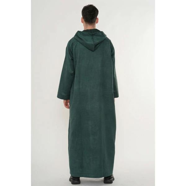 HM12 - Men's Hooded Suede Emirati Omani Zipped Thobe - Green - Thobez - 7