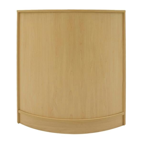 Curved maple counter with a smooth finish, designed for retail displays, featuring a sleek, modern aesthetic and sturdy construction
