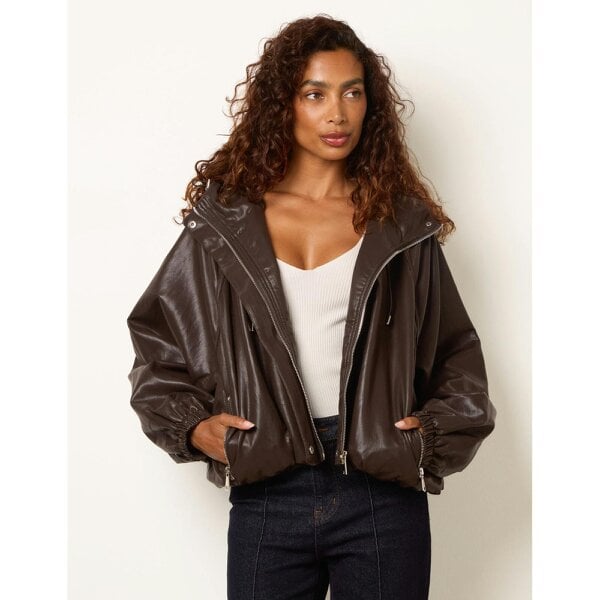 Blue Vanilla Hooded Leather Look Bomber Jacket