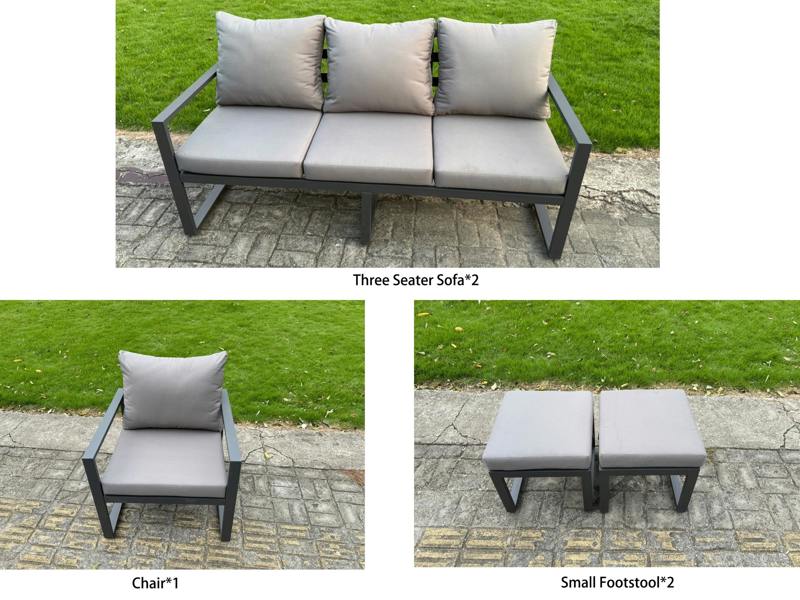 Fimous Aluminium Garden Furniture Sets,9 Seater Outdoor Sofa Dining Set with Adjustable Rising Lifting Dining Table 2 Small Footstools Dark Grey