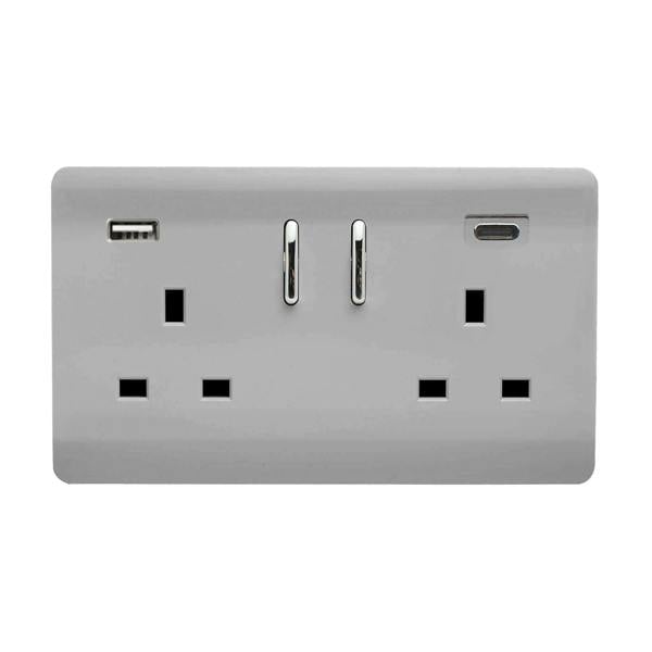 Trendi Switch 2 Gang USB 65W Type A & C USB Plug Socket in Brushed Steel
